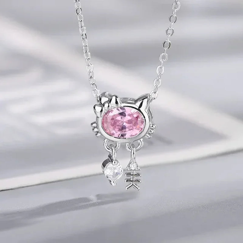 Kawaii Hello Kitty Sanrio Anime Crystal Pendant Necklaces Ladies Girl Simple White Zircon Elegant Necklace Women Jewelry Gift