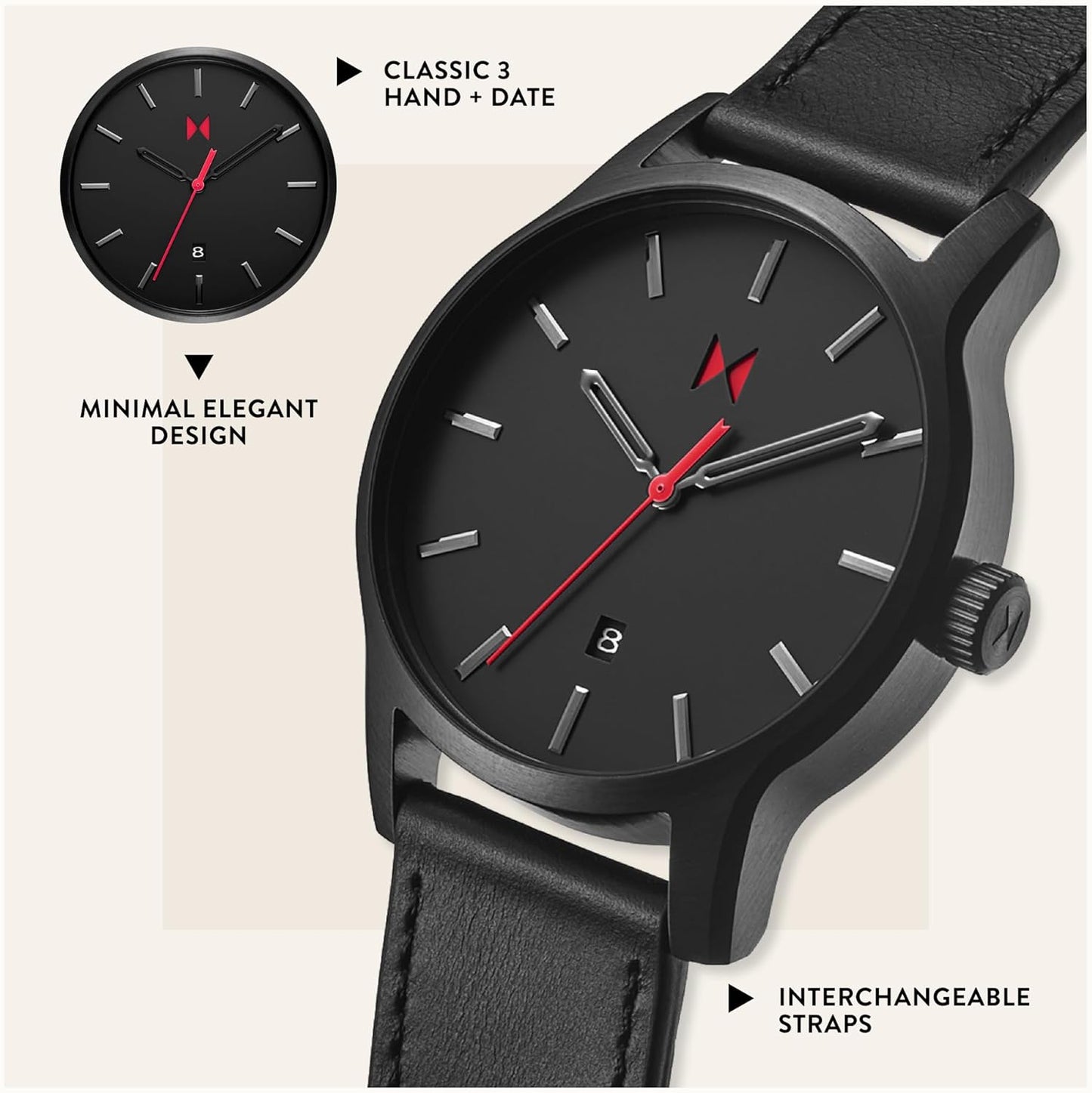Classic II - Vintage Men’S Wristwatch - Minimalist Watch - Stainless Steel Water-Resistant Watch 5 ATM/50 Meters - Premium Leather Men’S Watches - Interchangeable Bands - 44Mm