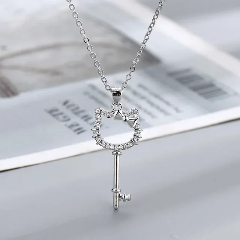 Kawaii Hello Kitty Sanrio Anime Crystal Pendant Necklaces Ladies Girl Simple White Zircon Elegant Necklace Women Jewelry Gift