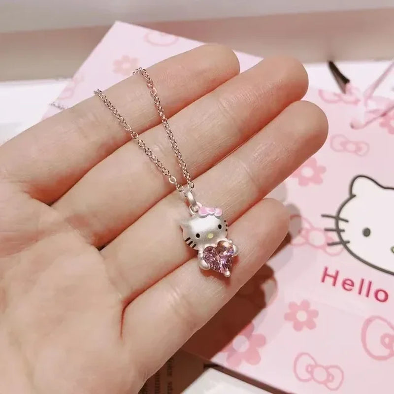 Kawaii Hello Kitty Sanrio Anime Crystal Pendant Necklaces Ladies Girl Simple White Zircon Elegant Necklace Women Jewelry Gift