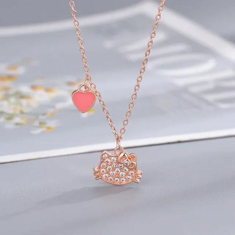 Kawaii Hello Kitty Sanrio Anime Crystal Pendant Necklaces Ladies Girl Simple White Zircon Elegant Necklace Women Jewelry Gift