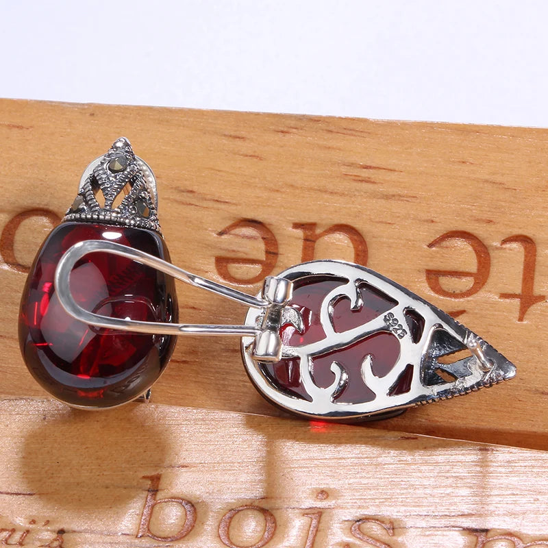 Vintage Garnet 100% 925 Sterling Silver Clip Earrings for Women Retro Gemstones Chalcedony Stud Earrings Fine Jewelry