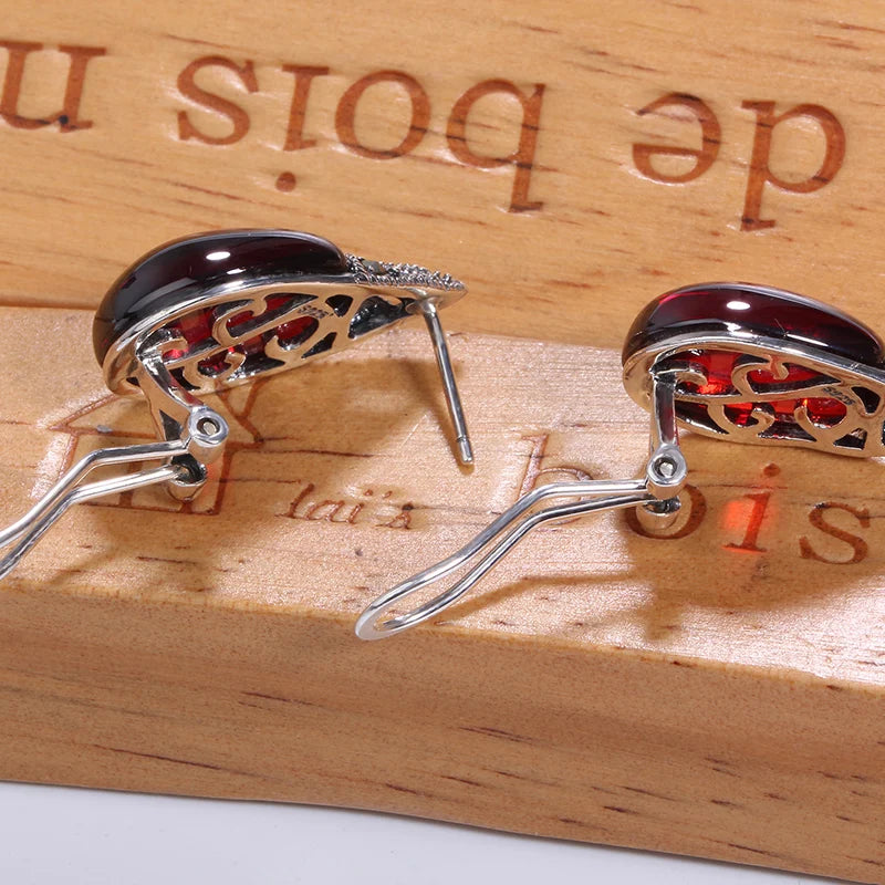 Vintage Garnet 100% 925 Sterling Silver Clip Earrings for Women Retro Gemstones Chalcedony Stud Earrings Fine Jewelry