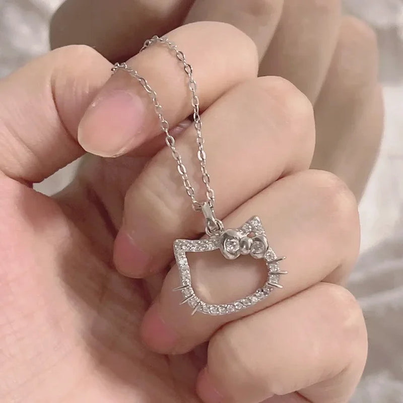 Kawaii Hello Kitty Sanrio Anime Crystal Pendant Necklaces Ladies Girl Simple White Zircon Elegant Necklace Women Jewelry Gift