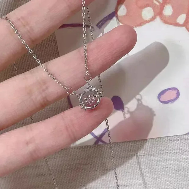 Kawaii Hello Kitty Sanrio Anime Crystal Pendant Necklaces Ladies Girl Simple White Zircon Elegant Necklace Women Jewelry Gift