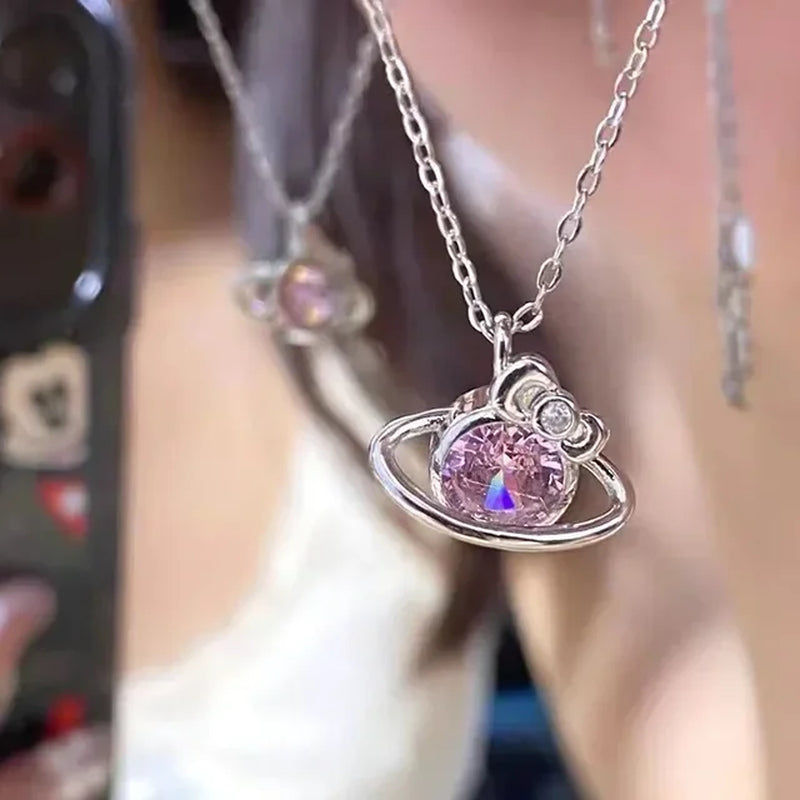 Kawaii Hello Kitty Sanrio Anime Crystal Pendant Necklaces Ladies Girl Simple White Zircon Elegant Necklace Women Jewelry Gift