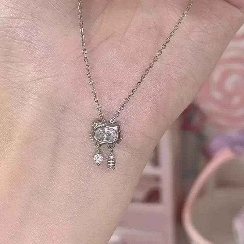 Kawaii Hello Kitty Sanrio Anime Crystal Pendant Necklaces Ladies Girl Simple White Zircon Elegant Necklace Women Jewelry Gift