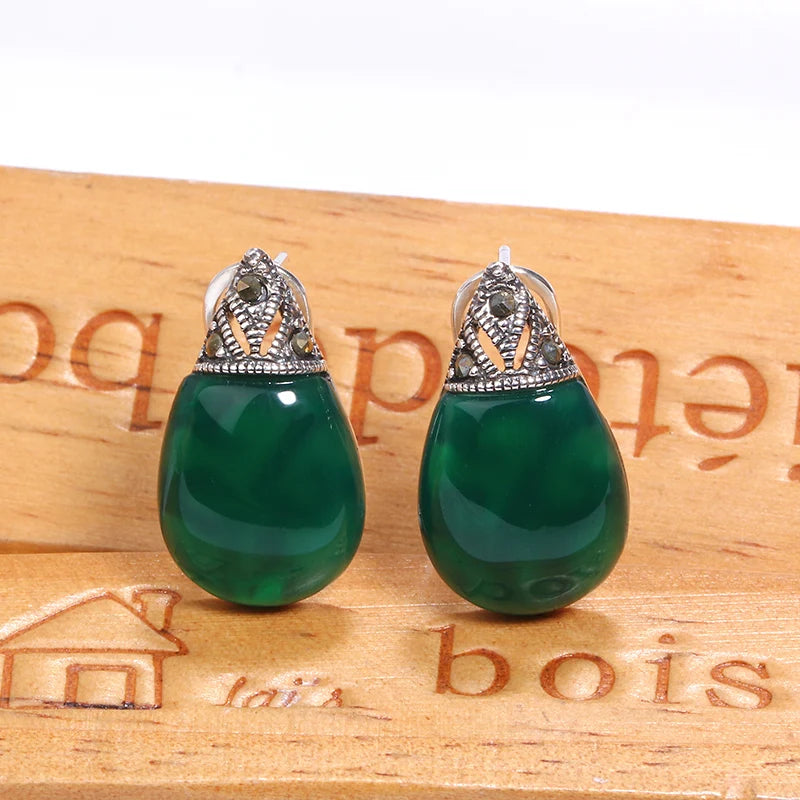 Vintage Garnet 100% 925 Sterling Silver Clip Earrings for Women Retro Gemstones Chalcedony Stud Earrings Fine Jewelry