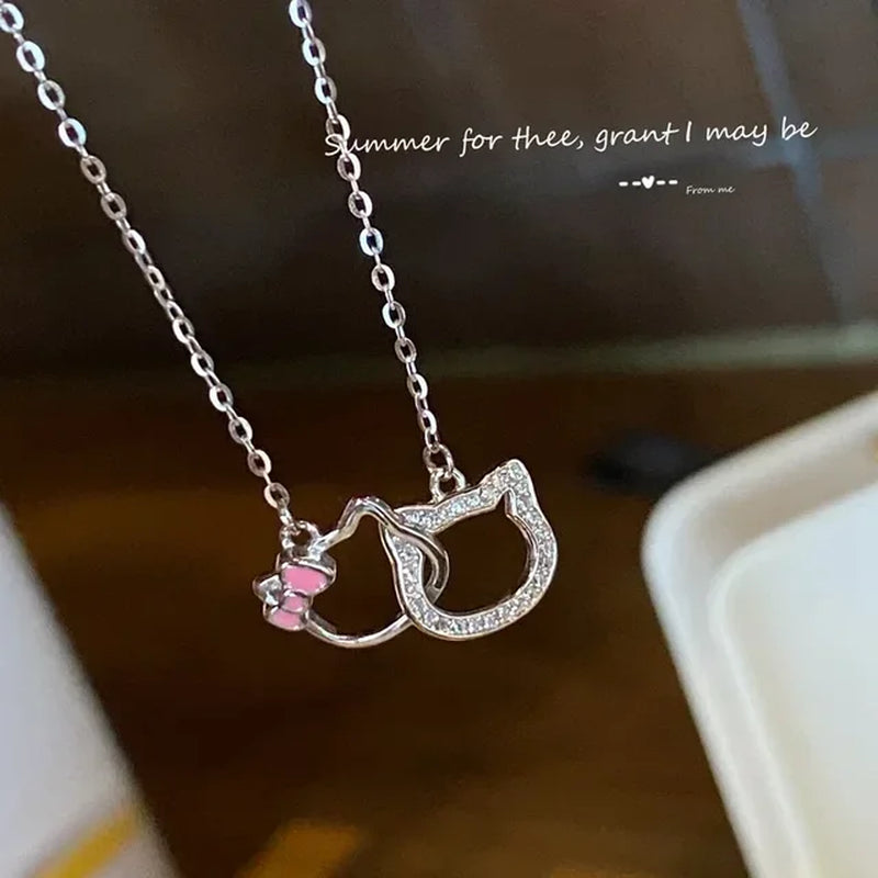 Kawaii Hello Kitty Sanrio Anime Crystal Pendant Necklaces Ladies Girl Simple White Zircon Elegant Necklace Women Jewelry Gift