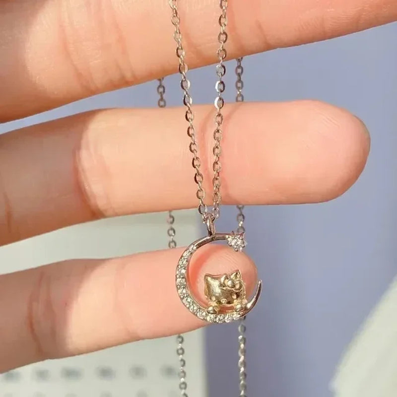 Kawaii Hello Kitty Sanrio Anime Crystal Pendant Necklaces Ladies Girl Simple White Zircon Elegant Necklace Women Jewelry Gift