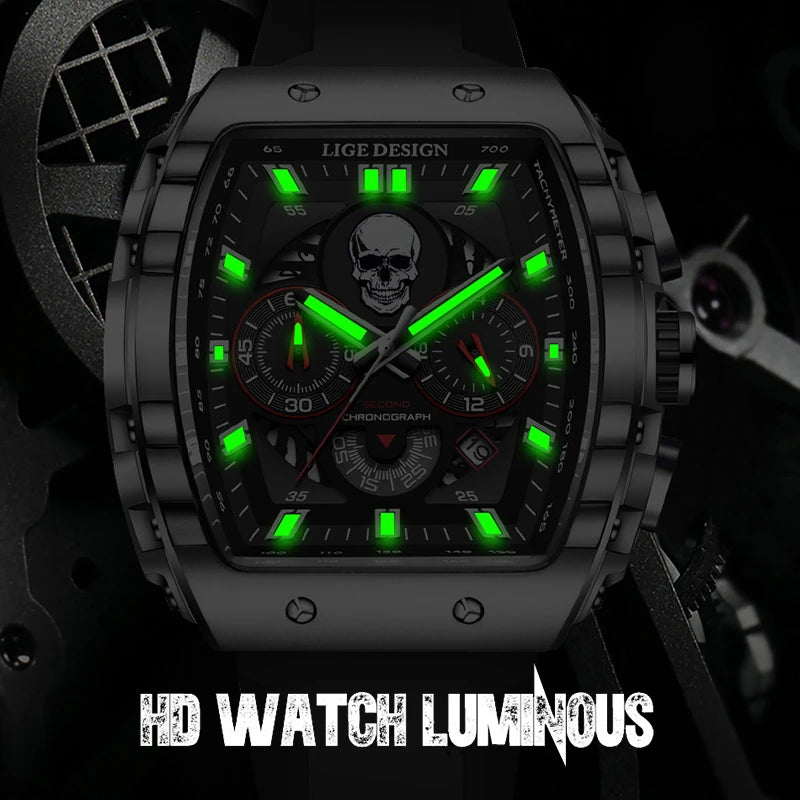 LIGE  Skeleton Skull Dial Sport Army Watches Mens Fashion Luxury Waterproof Quartz Watch Chronograph Montre Homme