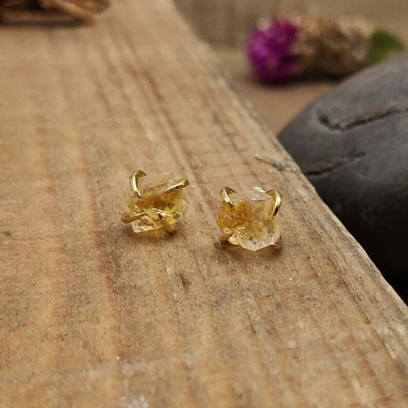 Raw Citrine Crystal Healing Reiki Chakra Dainty Minimalist Stud Earrings Gifts