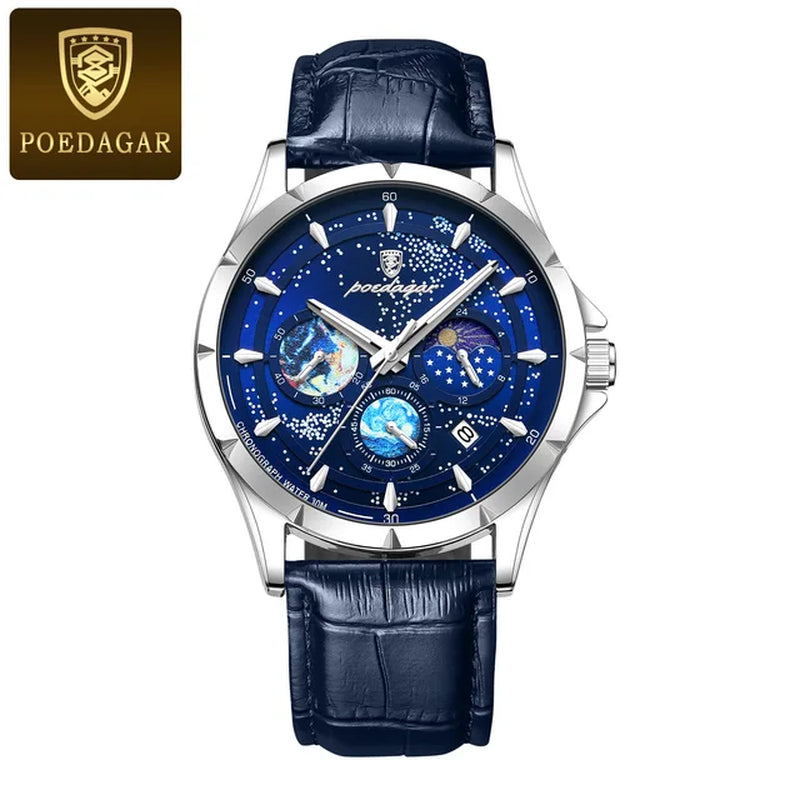 Brand Fashion Blue Starry Sky Quartz Watch for Men Luxury Leather Waterproof HD Luminous Chronograph Date Watches Mens