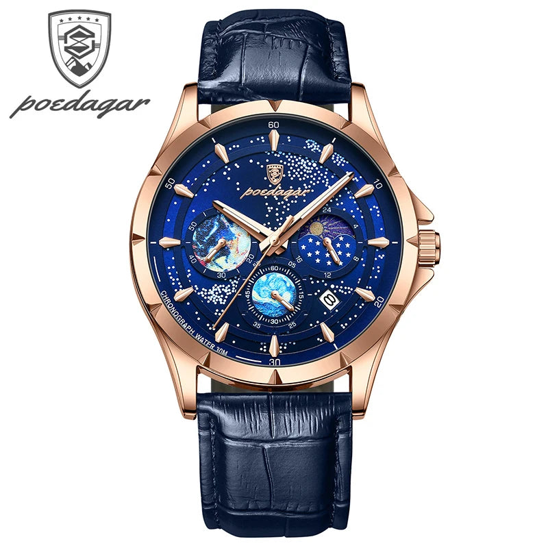 Brand Fashion Blue Starry Sky Quartz Watch for Men Luxury Leather Waterproof HD Luminous Chronograph Date Watches Mens