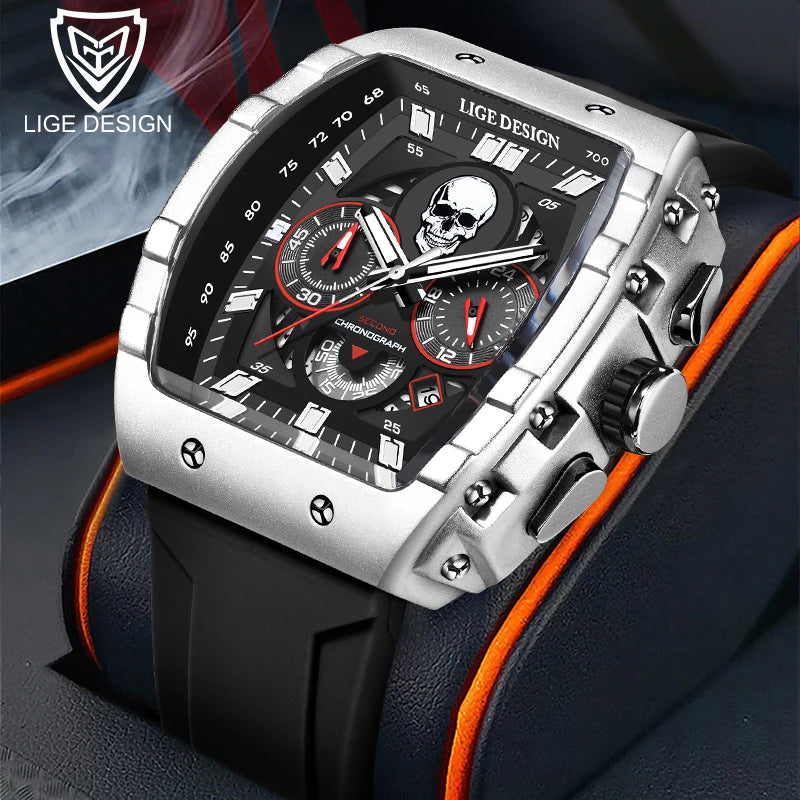 LIGE Fashion Sport Skull Watches Men Top Brand Luxury Chronograph Quartz Man Watch Waterproof Wrist Watch Men Relogios Masculino