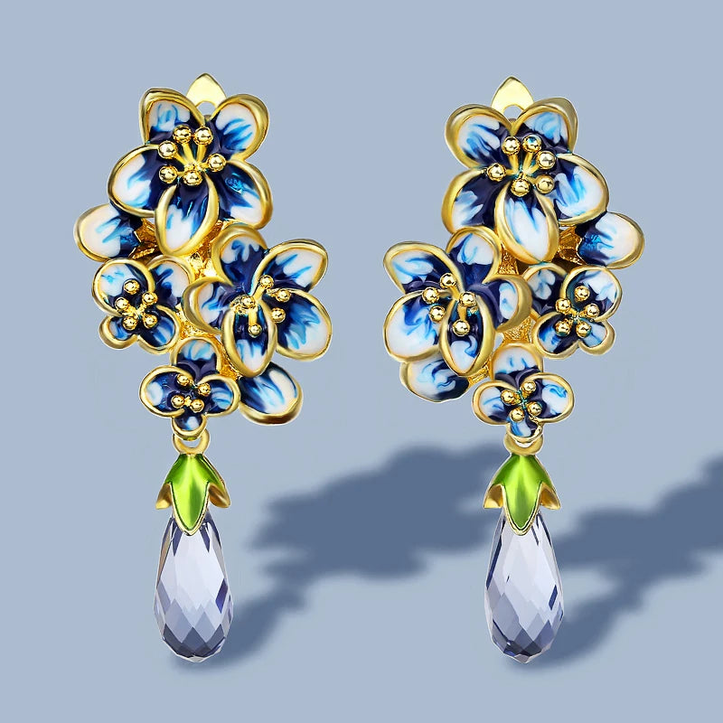 New Silver Earrings for Women 925 Silver Plated Gold Color Exquisite Flowers Drop Earrings Fine Jewelry Handmade Enamel