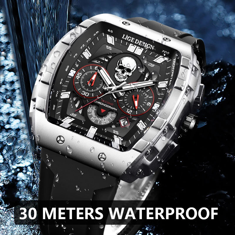 LIGE  Skeleton Skull Dial Sport Army Watches Mens Fashion Luxury Waterproof Quartz Watch Chronograph Montre Homme