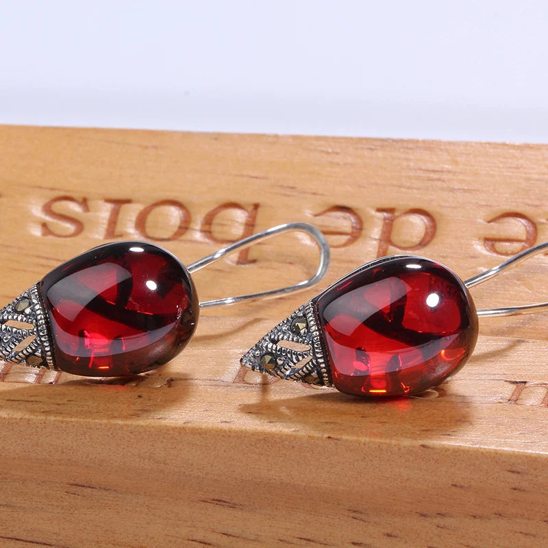 Vintage Garnet 100% 925 Sterling Silver Clip Earrings for Women Retro Gemstones Chalcedony Stud Earrings Fine Jewelry