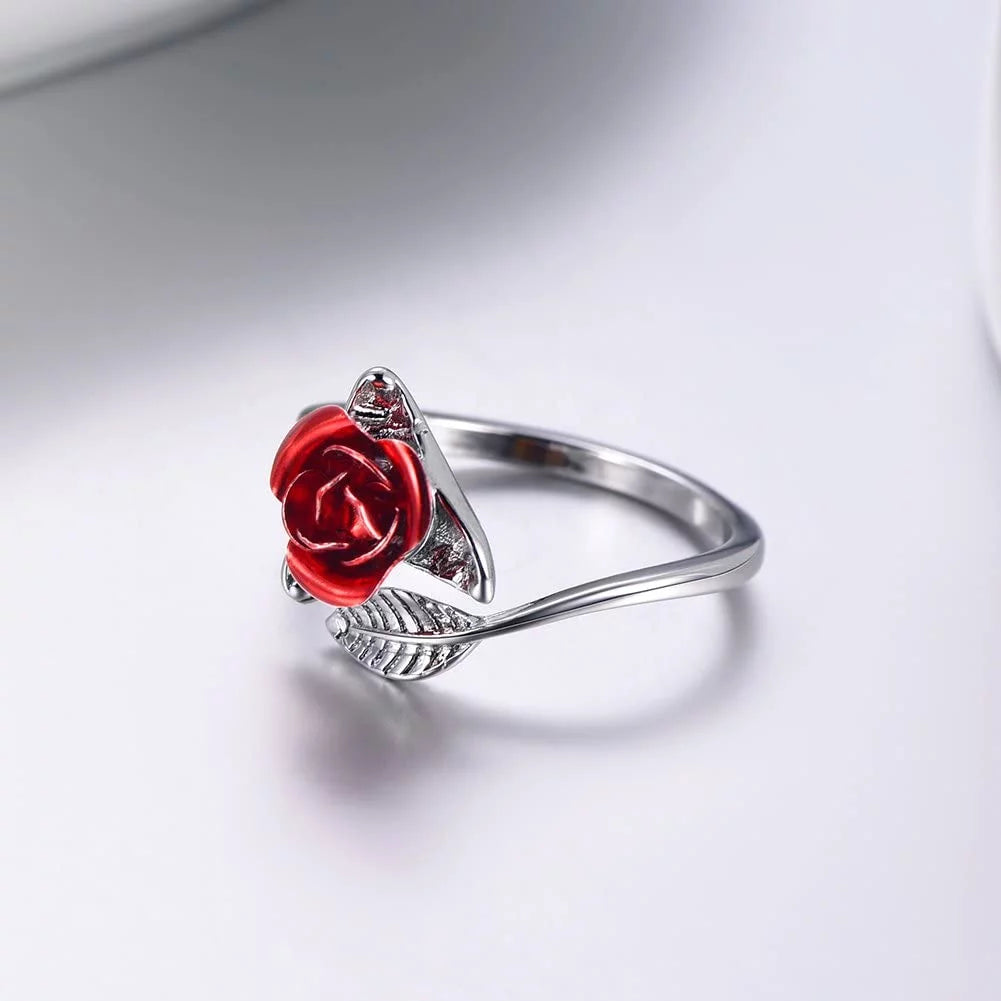 Rose Flower Ring Adjustable Dainty Flower Open Rings Jewelry Wedding Valentine Gifts for Women Girl(Silver)