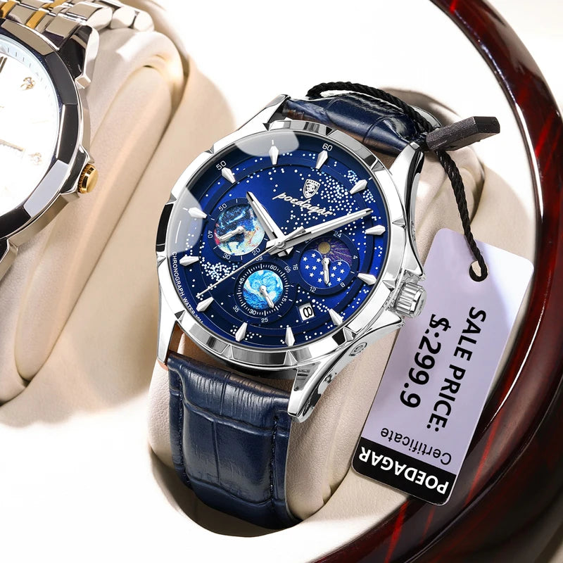 Brand Fashion Blue Starry Sky Quartz Watch for Men Luxury Leather Waterproof HD Luminous Chronograph Date Watches Mens