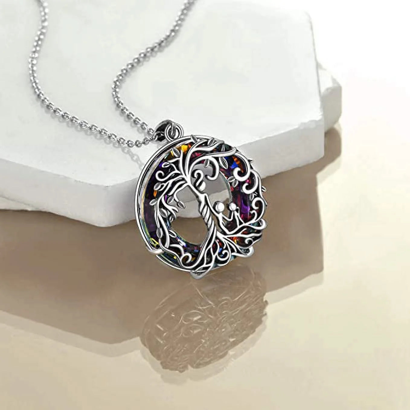 Mothers Day Gifts for Mom Sterling Silver Mother and 2 Children Family Tree of Life Pendant Necklace with Purple Crystal Jewelry Gifts for Women Mom Wife New Mom Birthday Anniversary