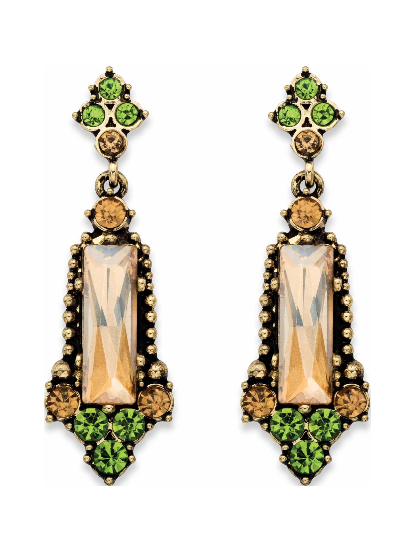 Baguette-Cut Champagne and round Green Faceted Crystal Vintage-Style Drop Earrings in Antiqued Goldtone 2"