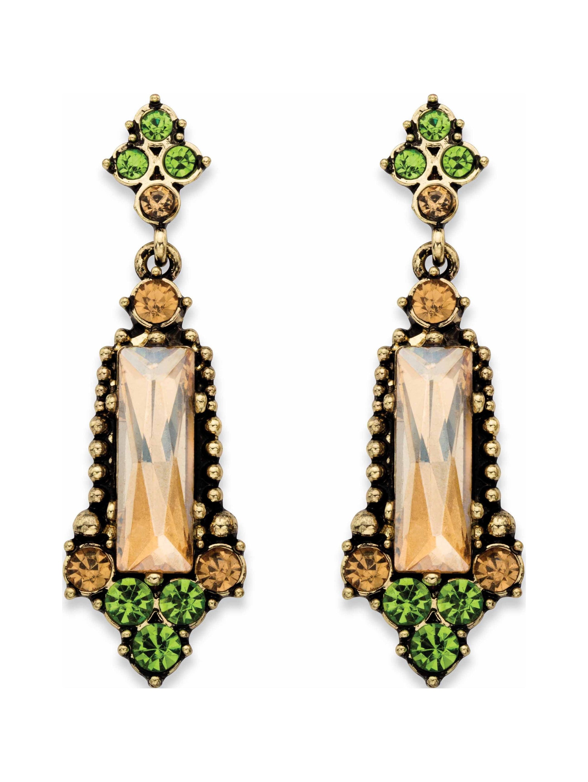 Baguette-Cut Champagne and round Green Faceted Crystal Vintage-Style Drop Earrings in Antiqued Goldtone 2"