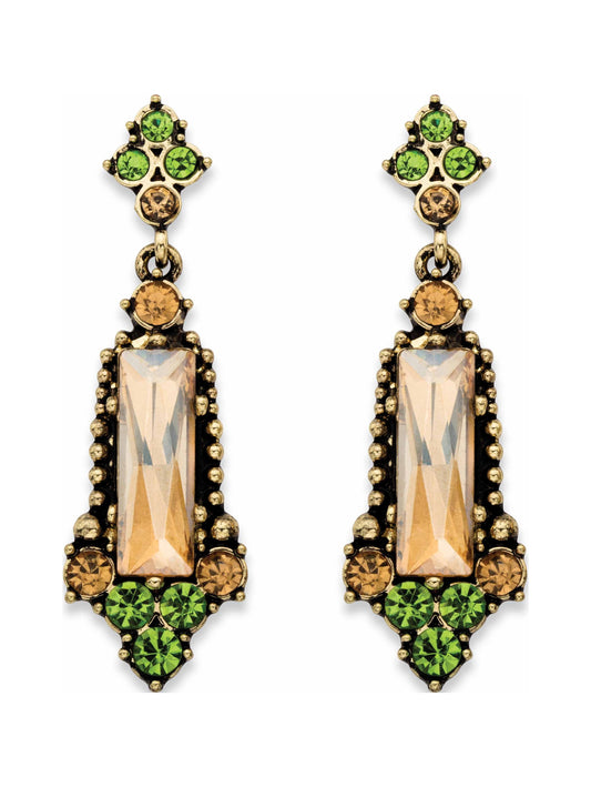 Baguette-Cut Champagne and round Green Faceted Crystal Vintage-Style Drop Earrings in Antiqued Goldtone 2"