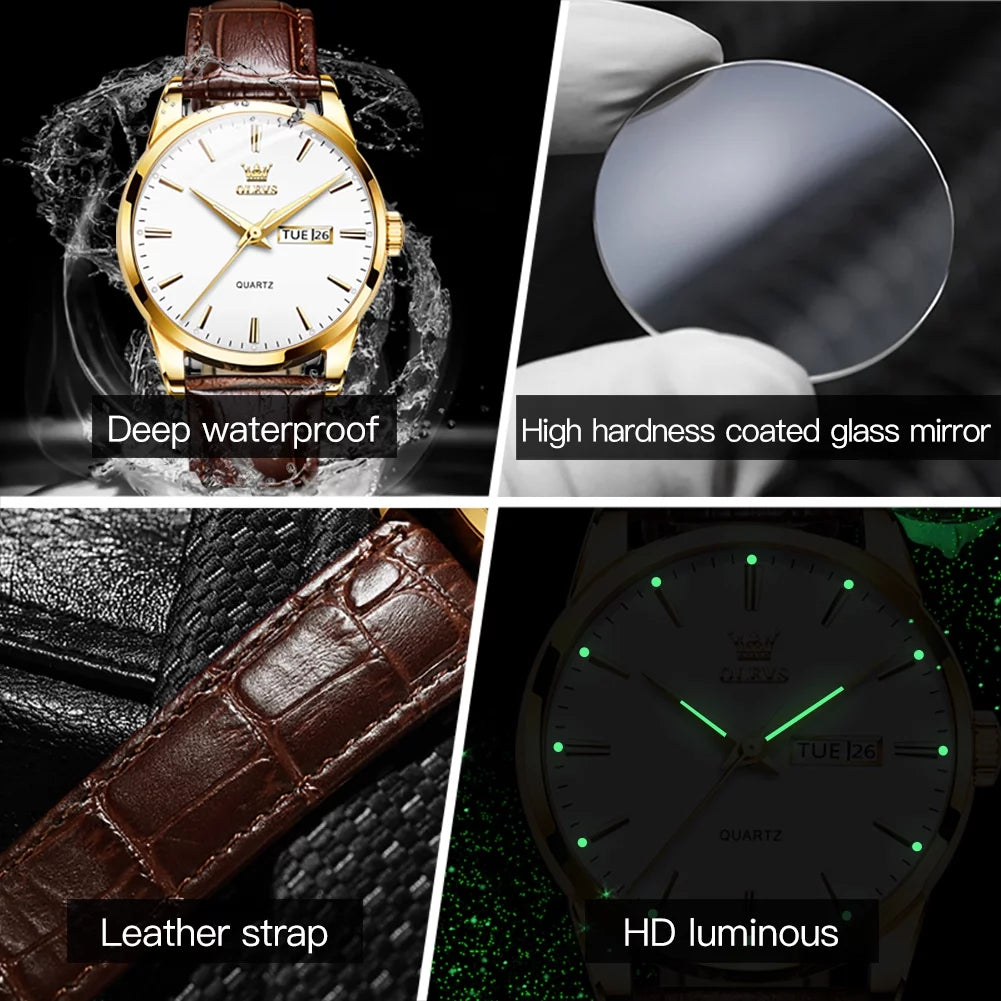 Leather Watches for Men Big Dial Mens Watches Brown Leather Band Watches Men Analog Quartz Watches Mens Day Date Watches Waterproof Watches for Men Roman Numerals Watches Relojes Para Hombre