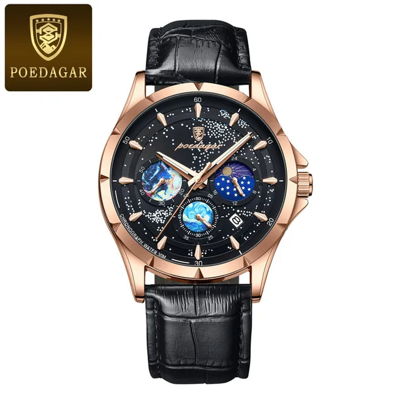 Brand Fashion Blue Starry Sky Quartz Watch for Men Luxury Leather Waterproof HD Luminous Chronograph Date Watches Mens