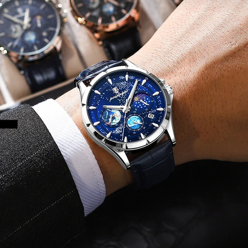 Brand Fashion Blue Starry Sky Quartz Watch for Men Luxury Leather Waterproof HD Luminous Chronograph Date Watches Mens