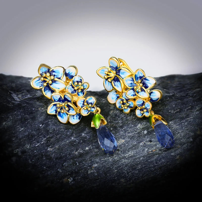 New Silver Earrings for Women 925 Silver Plated Gold Color Exquisite Flowers Drop Earrings Fine Jewelry Handmade Enamel