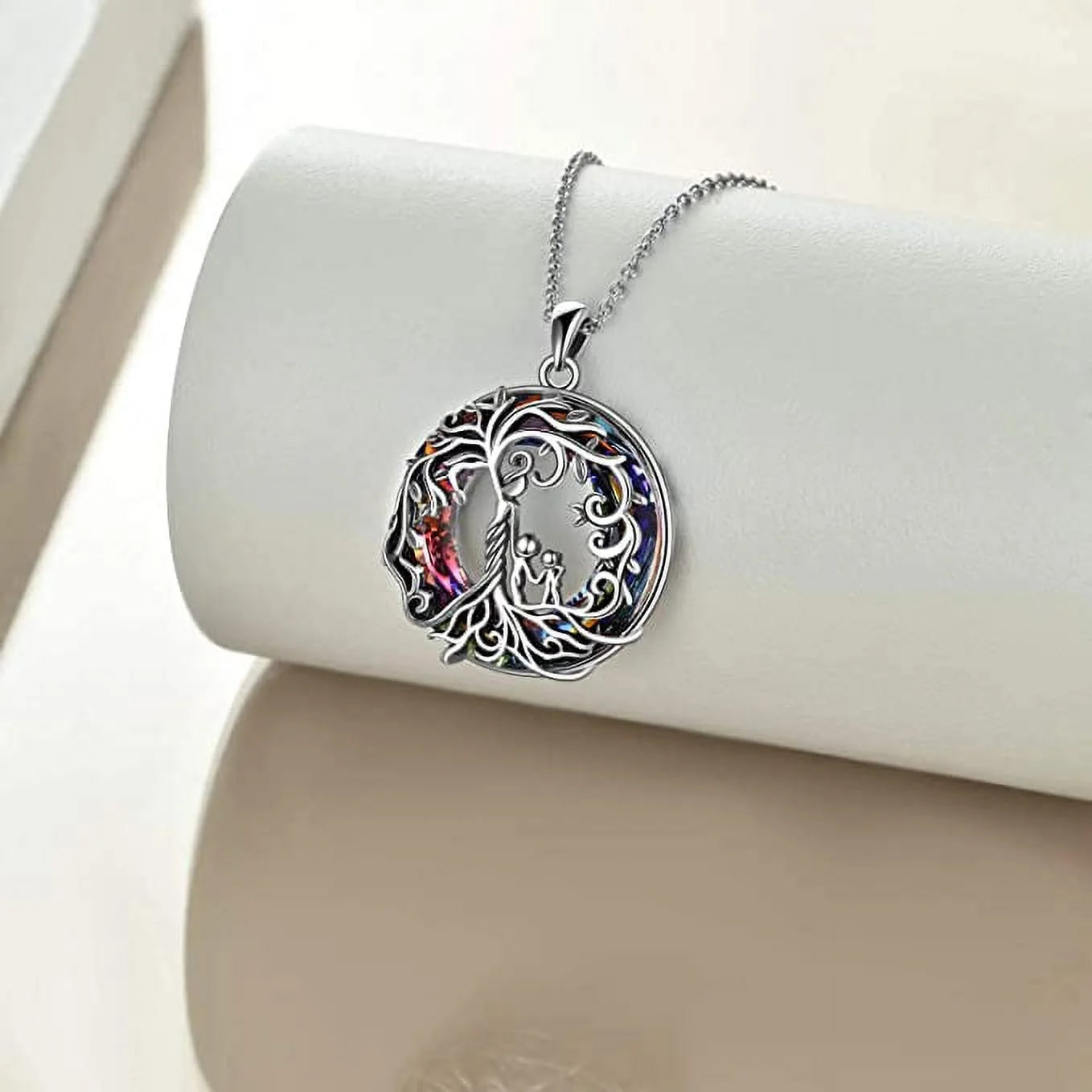 Mothers Day Gifts for Mom Sterling Silver Mother and 2 Children Family Tree of Life Pendant Necklace with Purple Crystal Jewelry Gifts for Women Mom Wife New Mom Birthday Anniversary