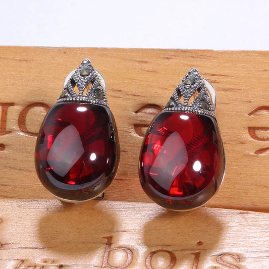 Vintage Garnet 100% 925 Sterling Silver Clip Earrings for Women Retro Gemstones Chalcedony Stud Earrings Fine Jewelry