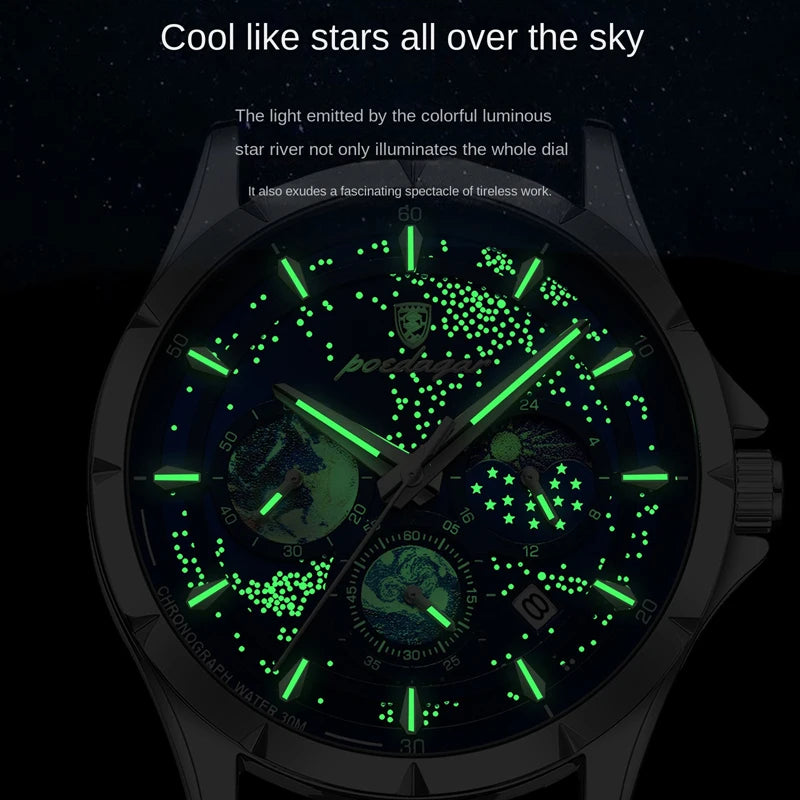 Brand Fashion Blue Starry Sky Quartz Watch for Men Luxury Leather Waterproof HD Luminous Chronograph Date Watches Mens