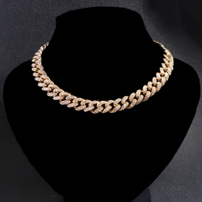 Iced Out Miami Curb Cuban Chain Necklace Fom Women Gold Color Bling Paved Rhinestones Cuban Link Choker Necklace Punk Jewelry