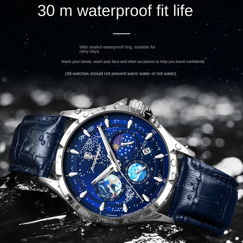 Brand Fashion Blue Starry Sky Quartz Watch for Men Luxury Leather Waterproof HD Luminous Chronograph Date Watches Mens