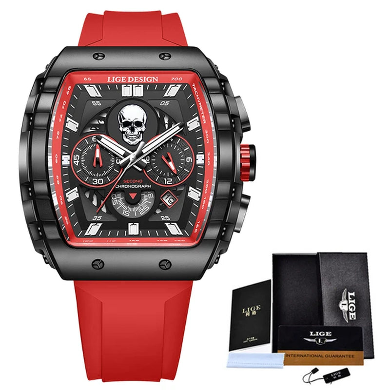 LIGE  Skeleton Skull Dial Sport Army Watches Mens Fashion Luxury Waterproof Quartz Watch Chronograph Montre Homme