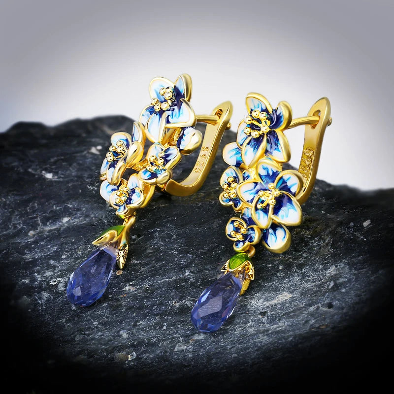 New Silver Earrings for Women 925 Silver Plated Gold Color Exquisite Flowers Drop Earrings Fine Jewelry Handmade Enamel